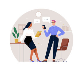 LGBT person in the office. Vector cartoon flat illustration of two young women, one of whom is dressed in a men's business suit, having a conversation against the backdrop of an office interior.