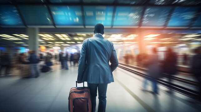In an intense urban snapshot, a businessman, captured from behind, hurries through a bustling train station, his suitcase trailing in a dynamic blur. 
