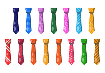 Set of various colored ties isolated on white background