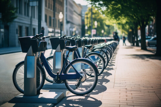 A bicycle sharing station in an urban setting with a row of clean, well-maintained bikes available for rent. Promoting sustainable, to reduce carbon emissions and improve air quality. Generative Ai