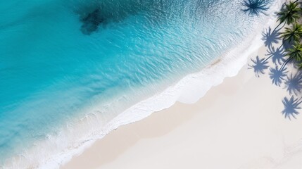 From above, the allure of a serene tropical beach unfolds, where pristine white sands meet crystal-clear azure waters. The harmonious curve of the coastline paints nature's symphony  - obrazy, fototapety, plakaty
