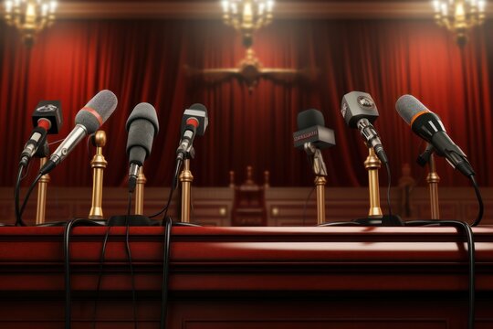 Empty hall for press conferences. Many microphones are aimed at the podium. Expectation of a speech by a politician and loud statements from a politician.