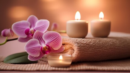 Fototapeta na wymiar Spa still life with candles and orchid, Generative AI