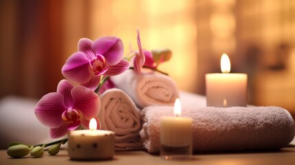 Fototapeta na wymiar Spa still life with candles and orchid, Generative AI