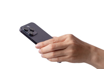 Female hand holding on mobile smartphone show back side.