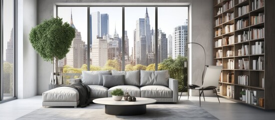 Modern living room with white walls concrete floor grey sofa near round coffee table library behind glass doors and blurry cityscape from window