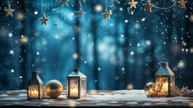 Christmas scene with a lantern, trees and blurred lights background. Christmas background