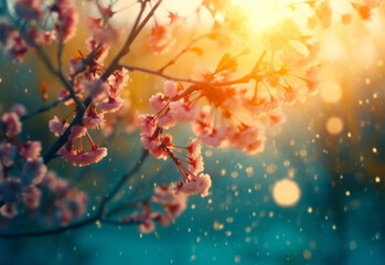 Ephemeral Beauty of Floating Petals - Delicate Spring Bloom with Enchanting Colors of Teals & Yellows, Bokeh & Orange Sunlight. Generative AI.