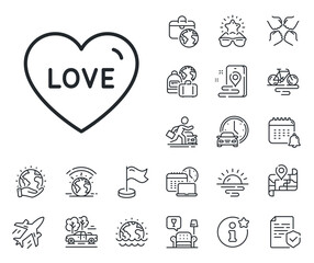 Sweet heart sign. Plane jet, travel map and baggage claim outline icons. Love line icon. Valentine day symbol. Love line sign. Car rental, taxi transport icon. Place location. Airport lounge. Vector
