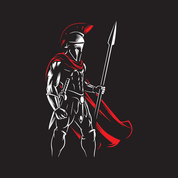 Spartan warrior walking with spear and helmet in action - the fighter is editable design for t-shirt and multipurpose use in high definition forma