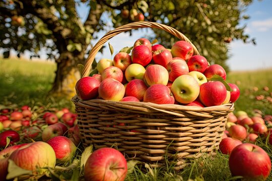 Basket full of freshly picked red apples in an orchard. Generative AI