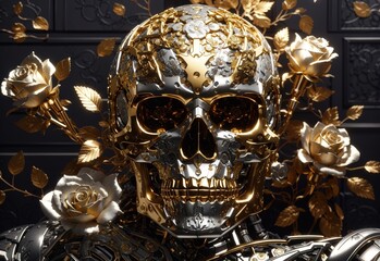 Machine skull and body, made of metal plate with floral carvings in gold and silver