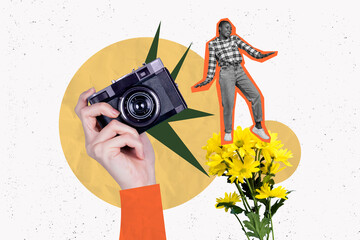Collage of arm hold retro photo camera shooting mini black white effect excited girl fresh daisy...
