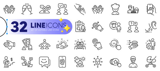 Outline set of Hold heart, Delivery man and User notification line icons for web with Hold box, Gift, Employee hand thin icon. Cleaning service, Touchscreen gesture, Cursor pictogram icon. Vector
