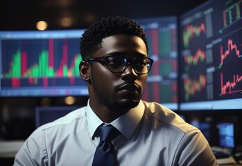 Portrait of Black Stock Market Trader Doing Analysis of Investment Charts