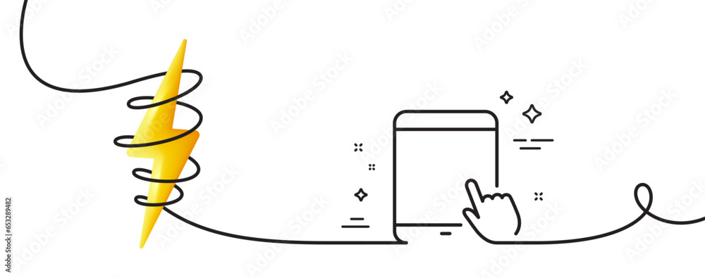 Poster tablet pc icon. continuous one line with curl. mobile device with hand cursor sign. touchscreen gadg
