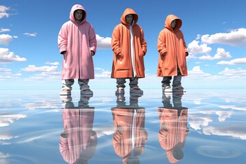 Three Short People In Hooded Outfits Standing On Liquid With Sky Reflection