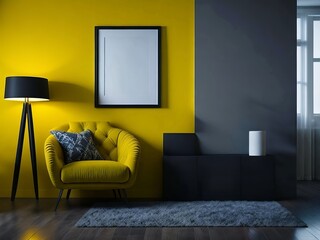 Tufted armchair with lamp near yellow wall. Interior design of modern living room