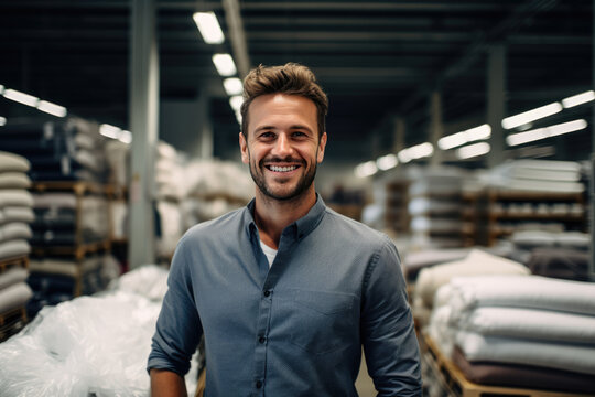 Attractive elegant man in a clothing and fabric store checking products in a large warehouse store, standing, smilling and looking at the camera