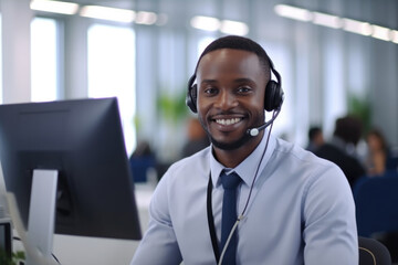 african man call center operator doing work with headset at the modern office - obrazy, fototapety, plakaty