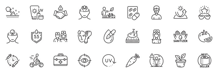 Icons pack as Electronic thermometer, Doctor and Eco bike line icons for app include Skin moisture, Social distance, Ph neutral outline thin icon web set. Mattress, Mental health. Vector