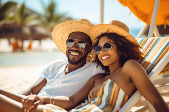 Portrait of happy young african couple relaxing on wooden deck chair at tropical beach wearing sunglases