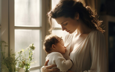 Soft, romantic scene: mother tenderly nursing newborn baby at home in gentle light.