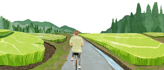 日本の夏の水田原風景手描き水彩風イラスト