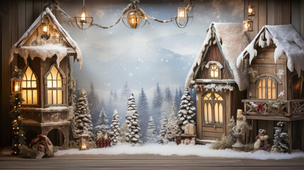 Obraz premium Christmas village house with candle inside with Christmas tree in the background, gingerbread house.