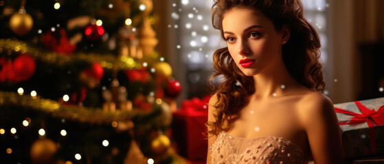Obraz na płótnie Canvas Portrait of Stunning Young Woman Celebrating the Holidays in a Festive Christmas Setting, High-Quality Seasonal Photography