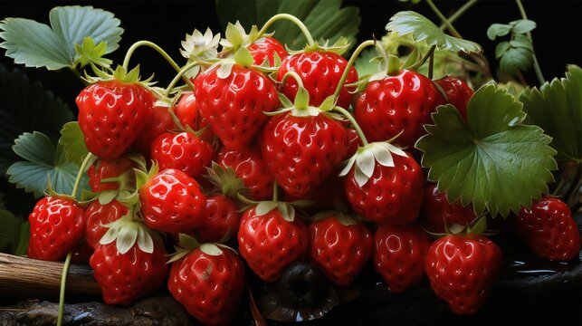 a close up of a bunch of ripe strawberries with green leaves