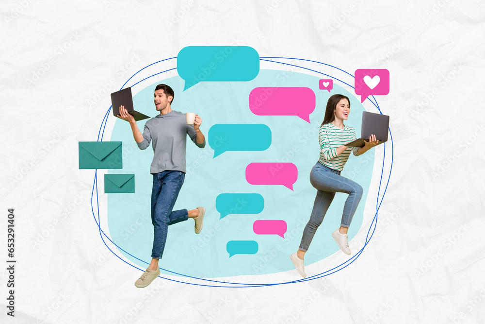 Poster creative collage picture of two excited people use netbook drink coffee chatting dialogue bubble lik