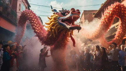Gordijnen Dragon dance show for Chinese New Year celebration in the city streets © mashimara