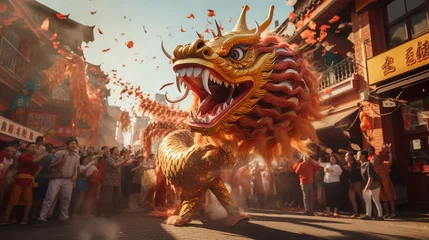 Gordijnen Dragon dance show for Chinese New Year celebration in the city streets © mashimara