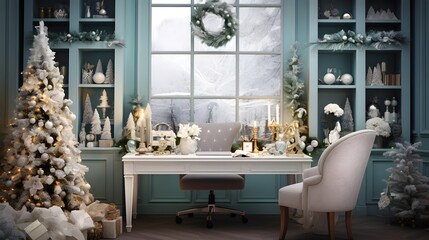 Home office of a freelancer decorated for Christmas - obrazy, fototapety, plakaty