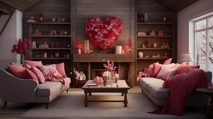 Living room with a white couch decorated for valentine's day with red hearts