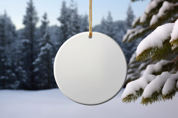 A white round ceramic Christmas ornament hangs from a green Christmas tree branch. Festive decoration for mockup. Winter landscape in the background.