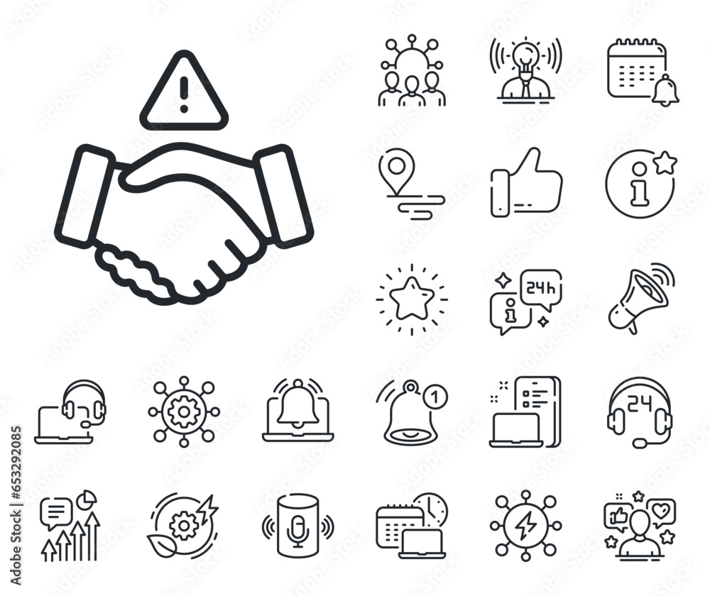 Poster hand touch warning sign. place location, technology and smart speaker outline icons. dont handshake 