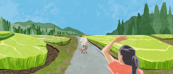 日本の夏の水田原風景手描き水彩風イラスト