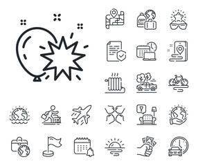 Amusement park sign. Plane jet, travel map and baggage claim outline icons. Balloon dart line icon. Pop the balloon symbol. Balloon dart line sign. Car rental, taxi transport icon. Vector