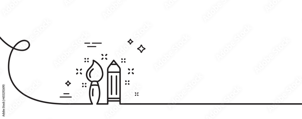 Poster creativity line icon. continuous one line with curl. graphic art sign. brush and pencil symbol. crea