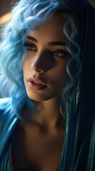 Portrait of Stunning Young Turkey Woman with Blue Hair Captured in Golden Hour and Natural Light, High-Quality Beauty Photography