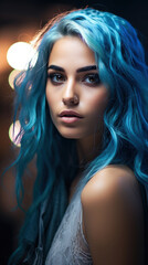 Portrait of Stunning Young Turkey Woman with Blue Hair Captured in Golden Hour and Natural Light, High-Quality Beauty Photography