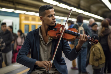 In a bustling train station, a musician's violin echoed through the cavernous hall, connecting the journeys of strangers with the universal language of music.