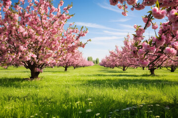 Orchard of blooming peach trees in spring. Blossoming peach tree branches with pink flowers in garden with green grass. Generative AI - obrazy, fototapety, plakaty