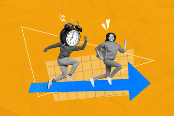 Picture image collage of two people running hurrying work time limit deadline isolated on drawing background