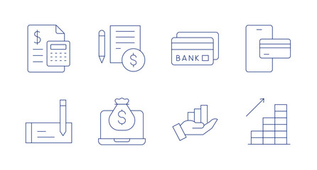 Banking icons. Editable stroke. Containing accounting, bank, cost, credit card, digital economy, growth, online payment, profit.