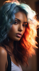 Fototapeta premium Portrait of Stunning Young Turkey Woman with Colorfull Hair Captured in Golden Hour and Natural Light, High-Quality Beauty Photography