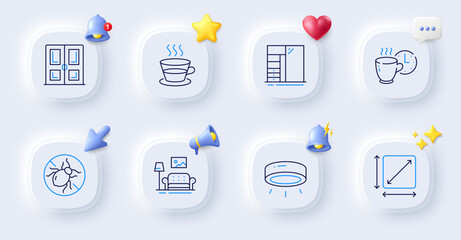 Coffee cup, Bed bugs and Coffee break line icons. Buttons with 3d bell, chat speech, cursor. Pack of Square area, Furniture, Door icon. Cupboard, Led lamp pictogram. For web app, printing. Vector