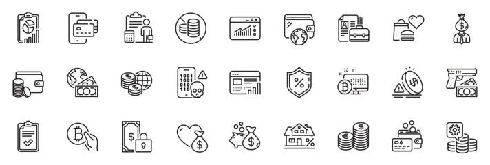Icons pack as Wallet, Private payment and Robbery line icons for app include Web traffic, Payment method, Checklist outline thin icon web set. Report, Card, Making money pictogram. Vector